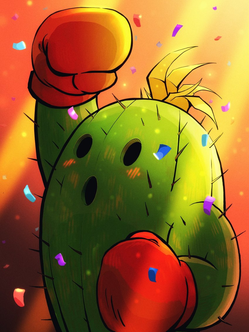 anthro blush boxing_gloves cactus clothing confetti green_body handwear happy plant solo steven_purifoy bandai_namco digimon digimon_(species) elemental_creature flora_fauna togemon 3:4 hi_res