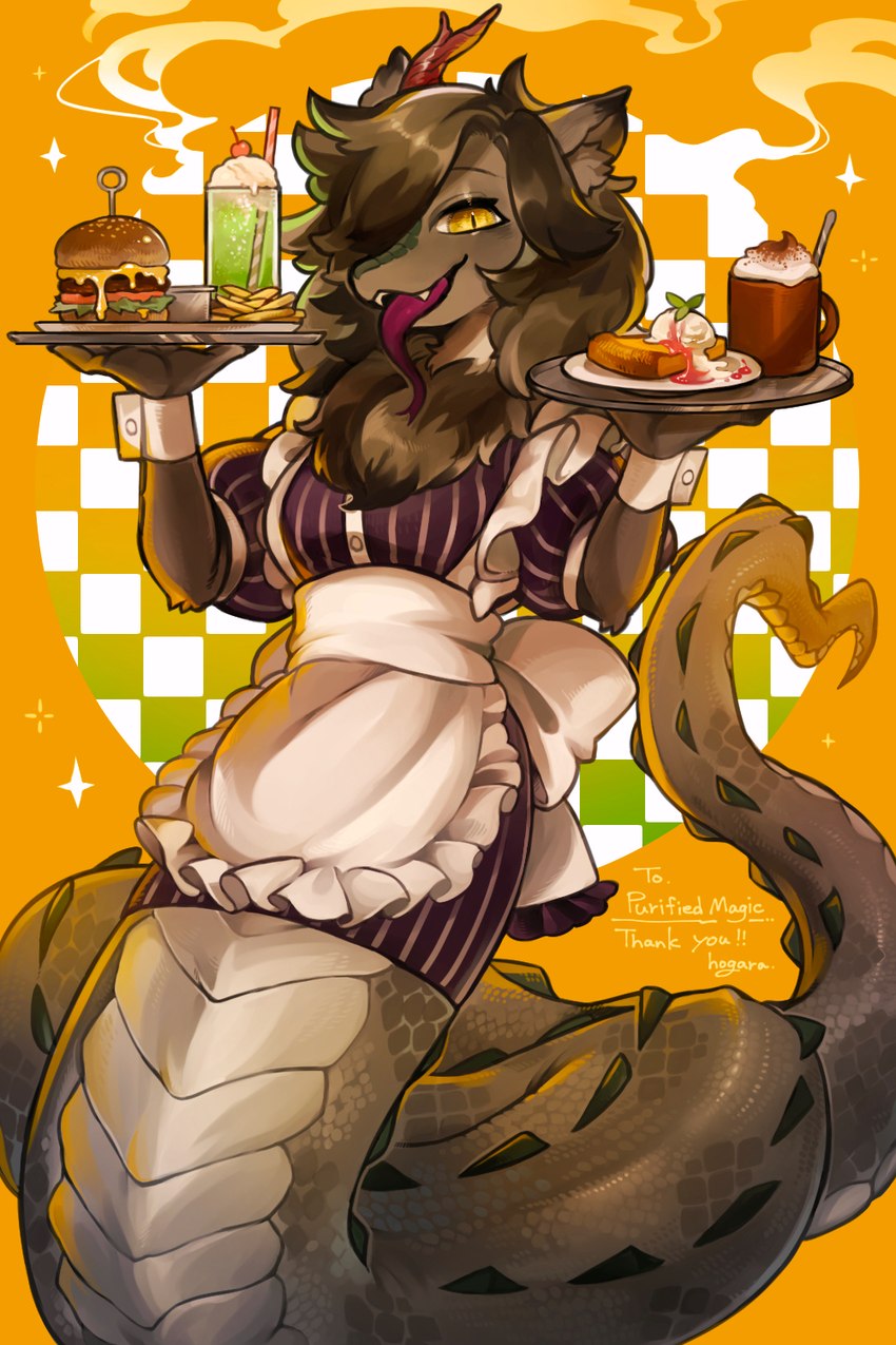 abstract_background anthro antlers apode apron beverage breasts brown_body brown_hair burger checkered checkered_background clothed clothing dessert detailed_food fangs female food fries hair holding_food holding_object holding_tray horn ice_cream inner_ear_fluff legless long_tail looking_at_viewer milkshake orange_background pastry pattern_background pattern_clothing pattern_topwear pie pupils purple_clothing purple_topwear ruff scales serpentine serving_tray simple_background slit_pupils smile solo split_form striped_clothing striped_topwear stripes tail teeth text tongue tongue_out topwear tuft waiter white_apron white_clothing hogara draconcopode hybrid lamia reptile scalie snake 2:3 artist_name commissioner_name detailed english_text hi_res signature