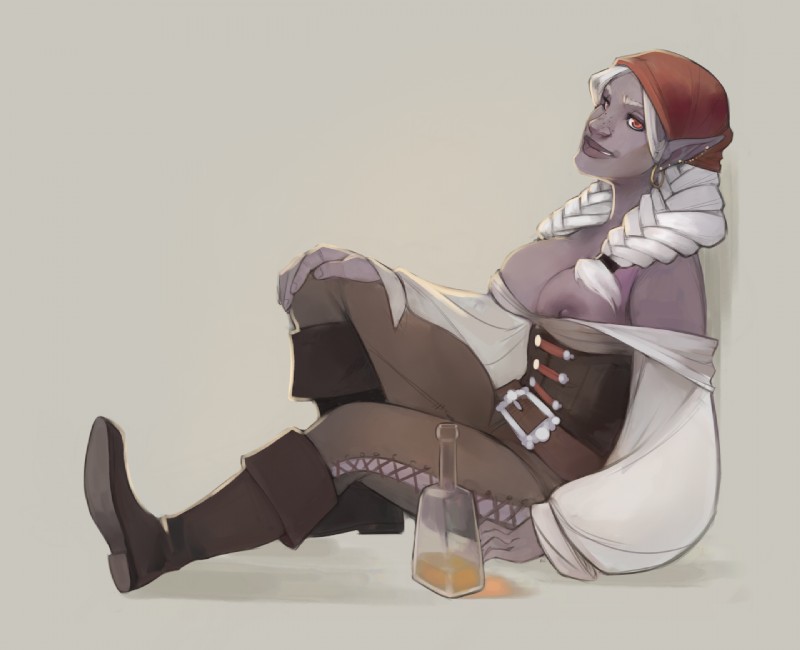 areola boots bottle breasts clothed clothing container ear_piercing female footwear hair kerchief nipple_slip nipples not_furry piercing pirate red_eyes shoes sitting solo white_hair nozdraws drow elf humanoid