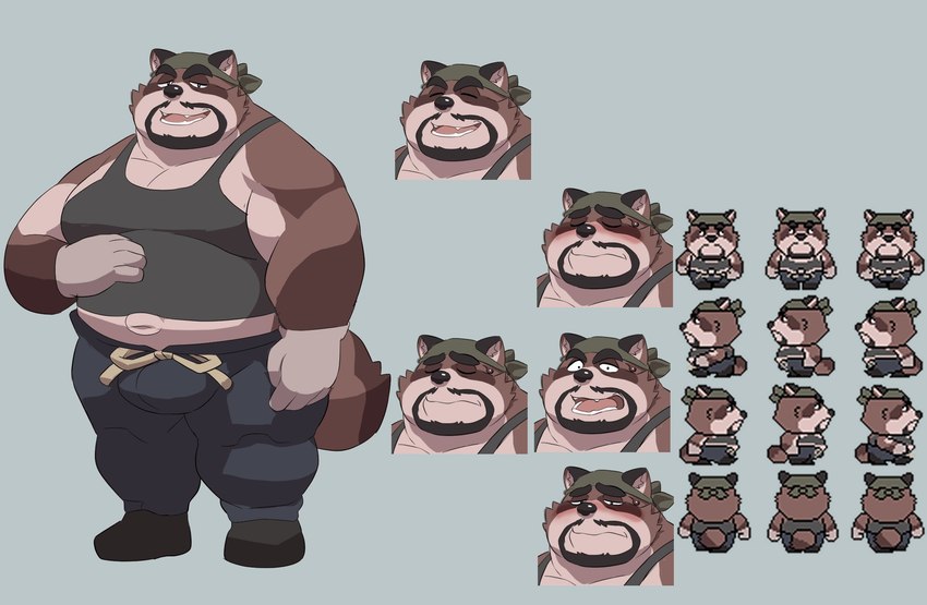 anthro belly blush bottomwear brown_body bulge clothing eyes_closed kemono male multiple_poses musclegut muscular navel overweight overweight_male pants pose shirt solo topwear 00murice canid canine mammal raccoon_dog tanuki 2022 hi_res