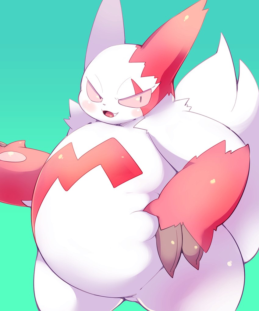 anthro belly blush claws fur male overweight overweight_male pinch pinching_belly pink_eyes smile solo white_body white_fur cosith nintendo pokemon generation_3_pokemon pokemon_(species) zangoose 5:6 hi_res