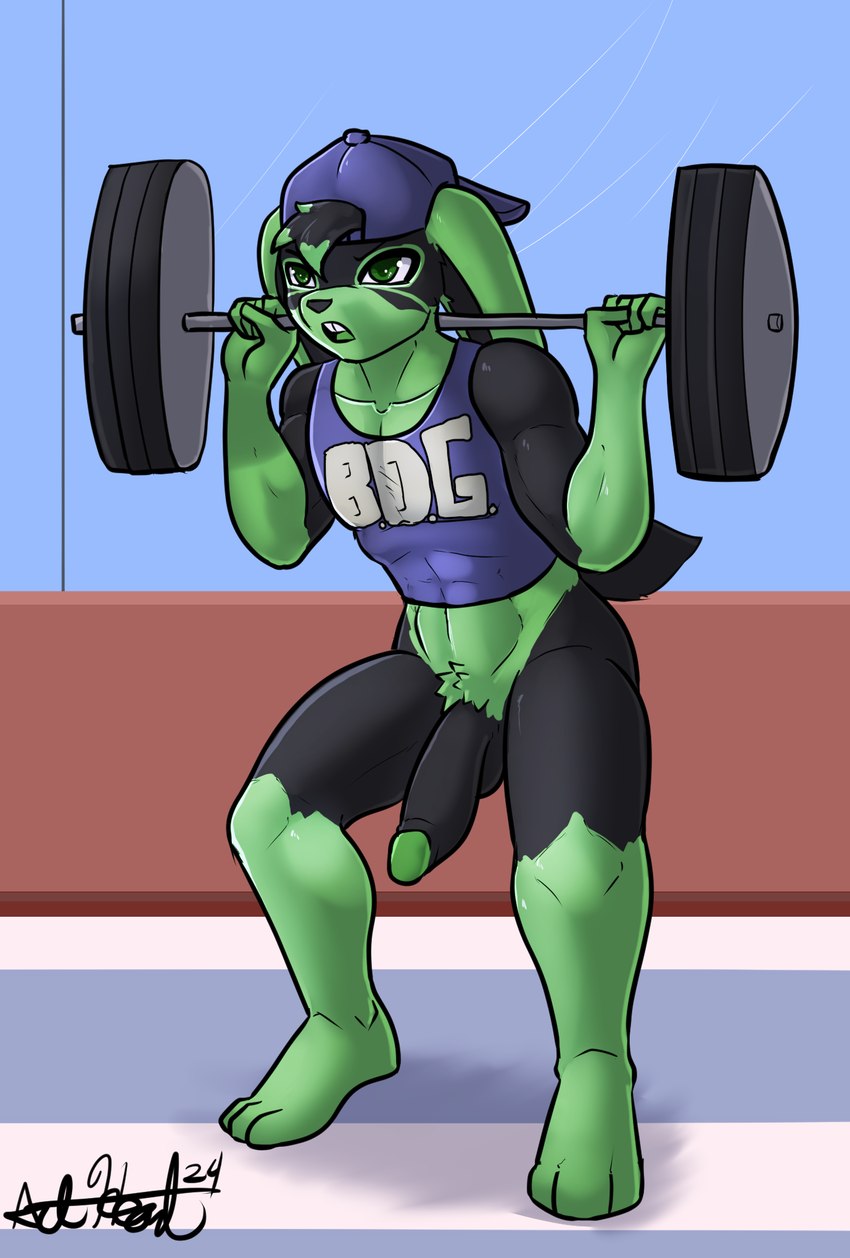 anthro backwards_cap bdgym black_body black_fur clothing crop_top exercise fur green_body green_fur male nude shirt solo topwear weights workout bear213 lagomorph leporid mammal rabbit hi_res