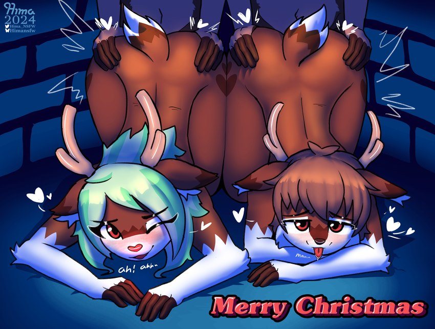 anthro antlers brown_body brown_fur brown_hair female from_behind_position front_view fur green_hair group hair heart_symbol horn kneeling long_hair lying male on_front parallel_sex red_eyes red_nose sex short_hair text white_body white_fur hima_nsfw ande_(hima_nsfw) himalaya_(hima_nsfw) deer mammal new_world_deer reindeer absurd_res english_text hi_res