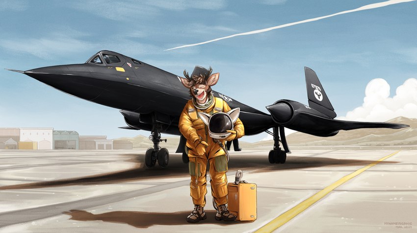 air_base air_force aircraft airfield airplane anthro antlers armor cloud hangar headgear helmet holding_armor holding_headgear holding_helmet holding_object horn jet jet_engine looking_at_another male military pilot pilot_suit sky smile solo spacesuit sr-71_blackbird vehicle warehouse mynameiscomic lockheed_martin deer mammal new_world_deer white-tailed_deer hi_res