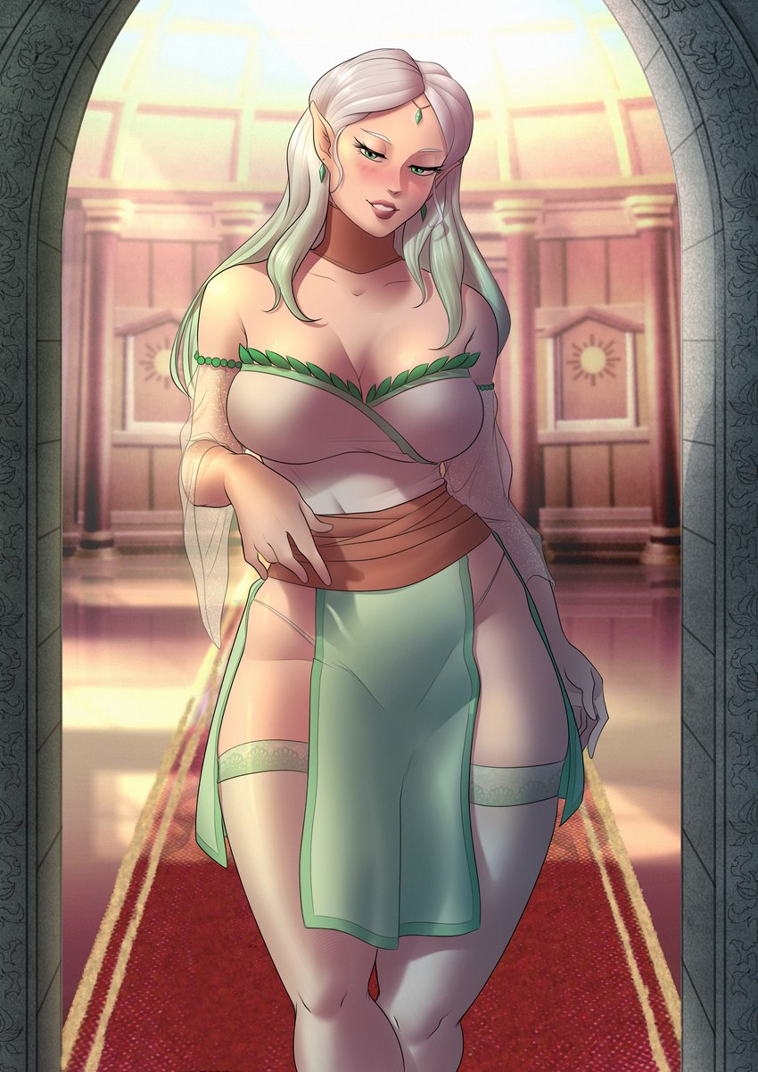 blush clothed clothing crown ear_piercing female hair headgear legwear looking_at_viewer not_furry piercing simple_background smile solo stockings tiara white_hair zanzagen elf humanoid absurd_res digital_media_(artwork) hi_res