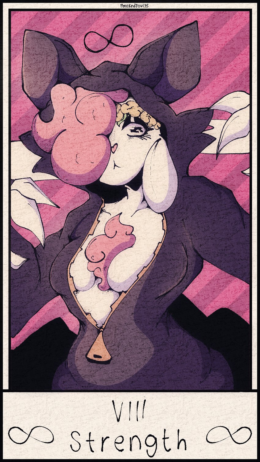 anthro breasts card clothed clothing costume female fur furry_wearing_fursuit fursuit hair looking_at_viewer major_arcana medium_breasts one_eye_obstructed pink_hair pose simple_background solo standing strength_(tarot) tarot tarot_card text thick_thighs white_body wide_hips wolf_costume wool_(fur) smokedsoul35 chikn_nuggit cofi_(chikn_nuggit) bovid caprine mammal sheep 9:16 digital_media_(artwork) english_text hi_res