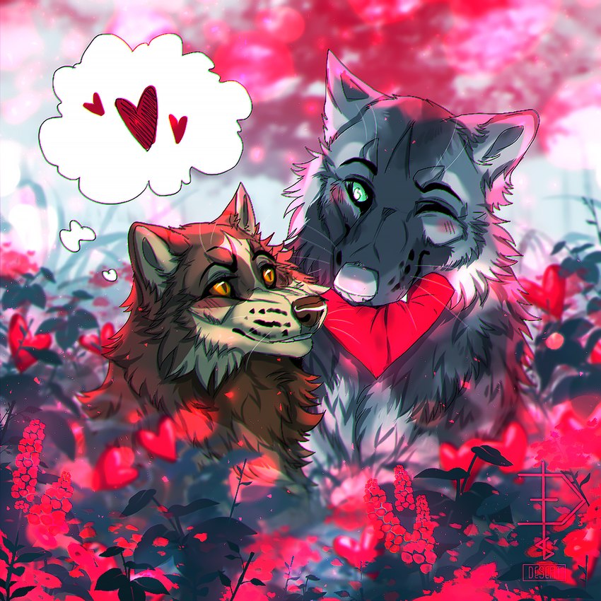 brown_body brown_fur detailed_background duo female feral fur green_eyes grey_body grey_fur heart_in_mouth heart_symbol male one_eye_closed orange_eyes thought_bubble fox-desert bow_(bowhuskers) canid canine canis mammal wolf 1:1