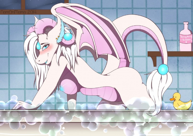 anthro bath blue_eyes blush bottle bubble bubble_bath container detailed_background female hair horn looking_at_viewer membrane_(anatomy) membranous_wings nipples nude orb rubber_duck solo white_hair wings nomonmomo amarandith 2014