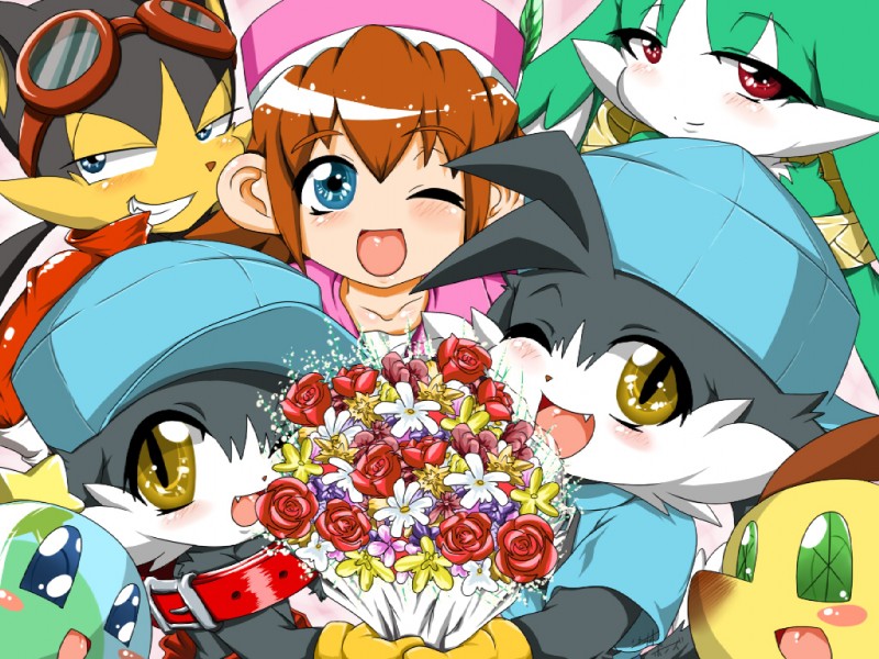 anthro blush bouquet clothing eyewear female flower gloves goggles green_eyes group handwear hat headgear headwear long_ears looking_at_viewer male one_eye_closed plant red_eyes smile wink yellow_eyes shaolin_bones bandai_namco klonoa_(series) guntz huepow king_of_sorrow klonoa lolo_(klonoa) popka animal_humanoid canid canine canis domestic_cat domestic_dog felid feline felis haplorhine human humanoid mammal mammal_humanoid monkey monkey_humanoid primate primate_humanoid wolf 4:3