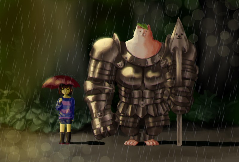 anthro armor leaf melee_weapon parody polearm raining scene_parody spear umbrella weapon harat ghibli my_neighbor_totoro totoro_bus_stop undertale undertale_(series) frisk_(undertale) greater_dog canid canine canis domestic_dog human mammal hi_res