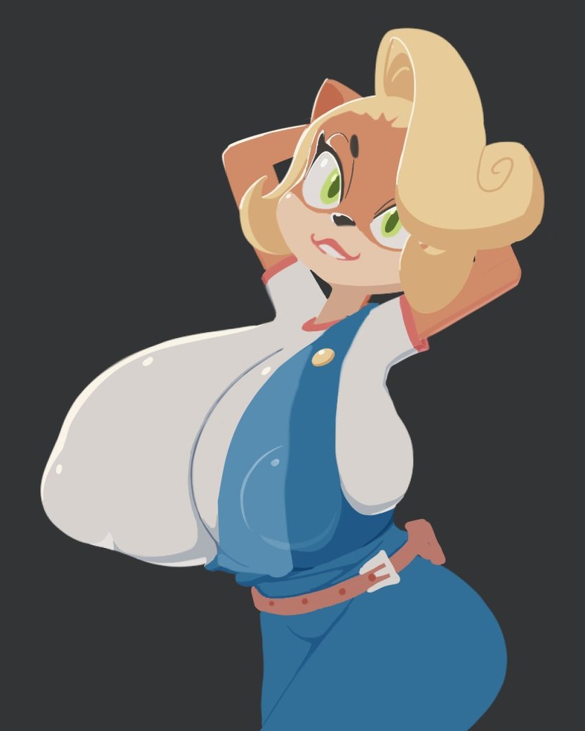 anthro belt big_breasts bite biting_lip blonde_hair breasts clothing female green_eyes hair hands_behind_head huge_breasts lipstick makeup nipple_outline orange_body overalls pose pouch_(clothing) shirt solo top_heavy topwear nerobero0 activision crash_bandicoot_(series) coco_bandicoot bandicoot mammal marsupial