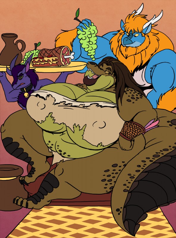 anthro big_breasts breasts clothed clothing female food group hedonism huge_breasts male non-mammal_breasts overweight skimpy trio volkenfox kang_(vdisco) crocodile crocodilian reptile scalie hi_res