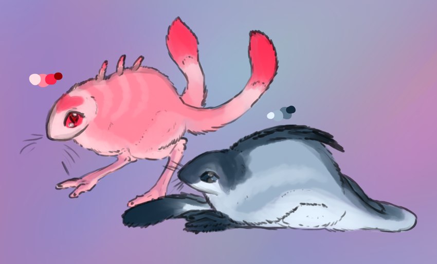 2_tails ambiguous_gender back_stripes biped bipedal_feral blue_body blue_fur dark_tail_tip dipstick_tail duo feral fur grey_body grey_fur heart_(marking) light_belly markings multi_limb multi_tail pink_body pink_eyes pink_fur quills_(anatomy) striped_body striped_fur stripes tail tail_markings welcometaco rain_world videocult yeek_(rain_world) model_sheet