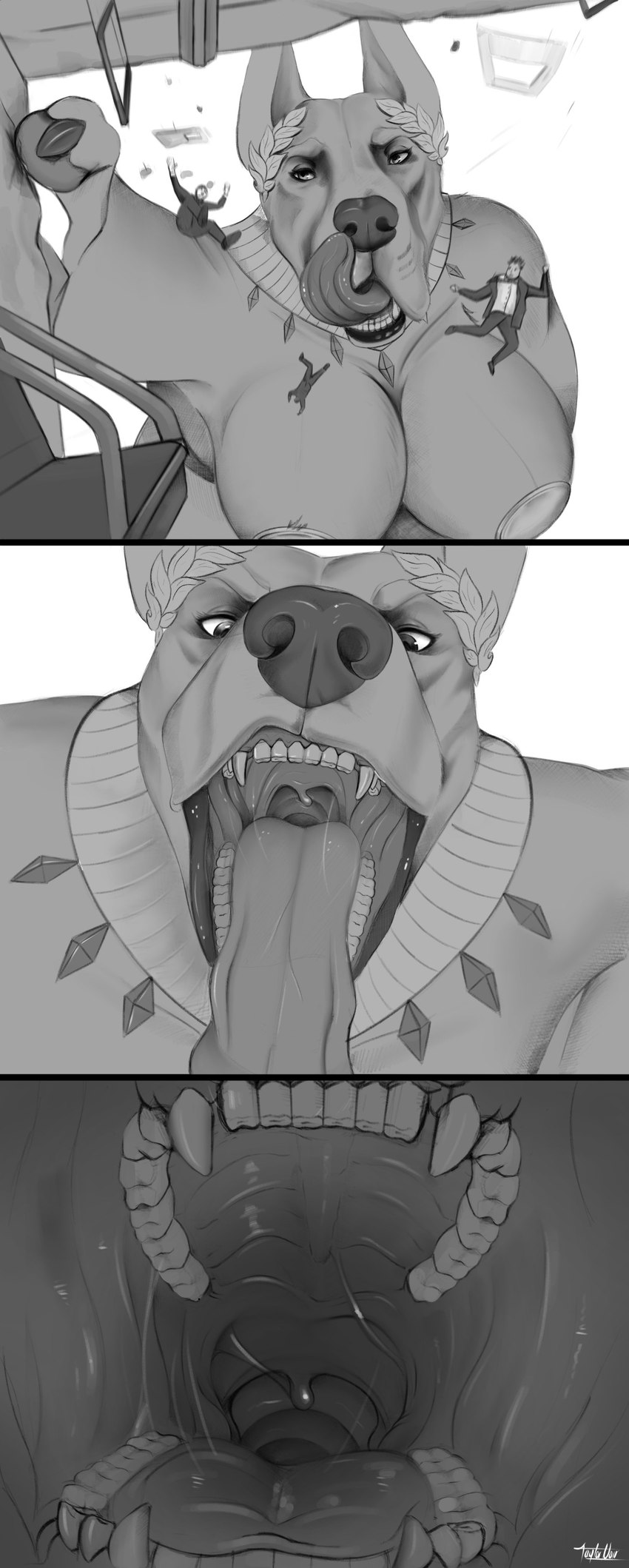 anthro anthro_pred big_breasts black_lips black_nose bodily_fluids breasts business_suit claws clothing debris destruction falling female female_pred fingerpads first_person_view headgear high-angle_view human_prey imminent_oral_vore imminent_vore internal jewelry larger_anthro larger_female licking licking_lips lips macro male mature_anthro mature_female micro mouth_shot nipple_covers open_mouth oral_vore pawpads pointy_ears prey_pov prick_ears queen royalty saliva saliva_on_tongue saliva_string simple_background size_difference smaller_human smaller_male suit swinging_uvula teeth throat tongue tongue_out train uvula vehicle vore taylornoir queen_akila_(taylornoir) canid canine canis domestic_dog great_dane human mammal mastiff molosser 2023 absurd_res artist_name black_and_white comic digital_drawing_(artwork) digital_media_(artwork) digital_painting_(artwork) greyscale headshot_portrait hi_res monochrome portrait shaded signature