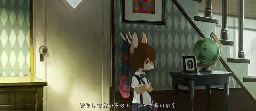 anthro antlers bag door globe horn inside male solo stairs suspenders text young young_anthro young_male nishiko24 shika_(nishiko24) cervine deer mammal sika_deer 2015 japanese_text