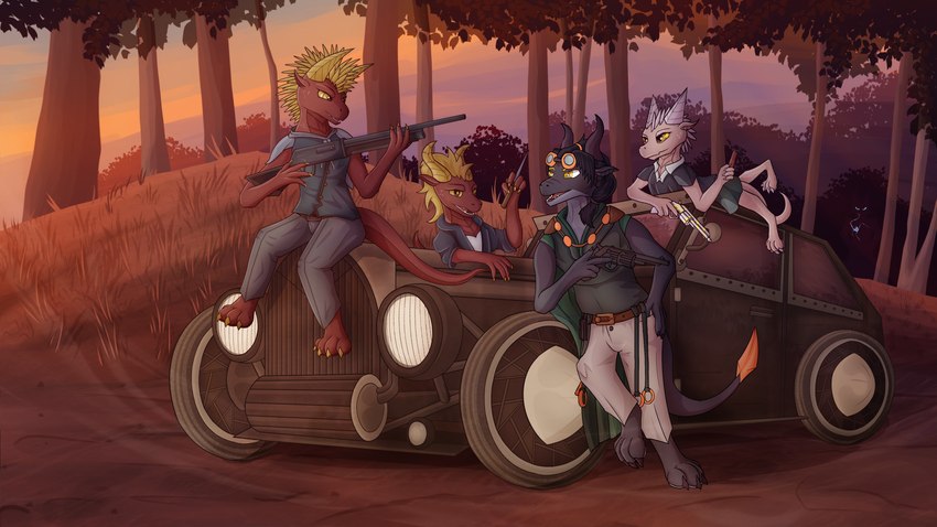 anthro browning_automatic_rifle car explosives female forest group gun handgun horn male plant ranged_weapon revolver silhouette tail tnt tree vehicle weapon blen4k inura adis_gray desma_(blen4k) desperada_(blen4k) selena_(blen4k) strix_(kamikas) kobold scalie 16:9 hi_res widescreen