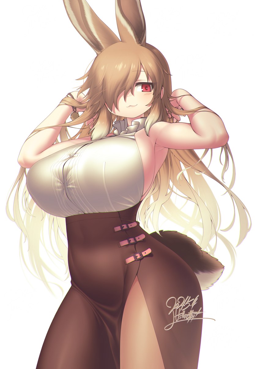 :3 big_breasts blonde_hair blouse bottomwear breasts brown_hair clothed clothing female furgonomics gradient_hair hair hair_over_eye huge_breasts legwear long_hair multicolored_hair one_eye_obstructed pencil_skirt red_eyes scut_tail short_tail side_boob skirt solo tail tail_through_skirt tights topwear yoshida_hideyuki kemono_friends european_hare_(kemono_friends) animal_humanoid hare_humanoid humanoid lagomorph lagomorph_humanoid leporid_humanoid mammal mammal_humanoid 2021 hi_res signature