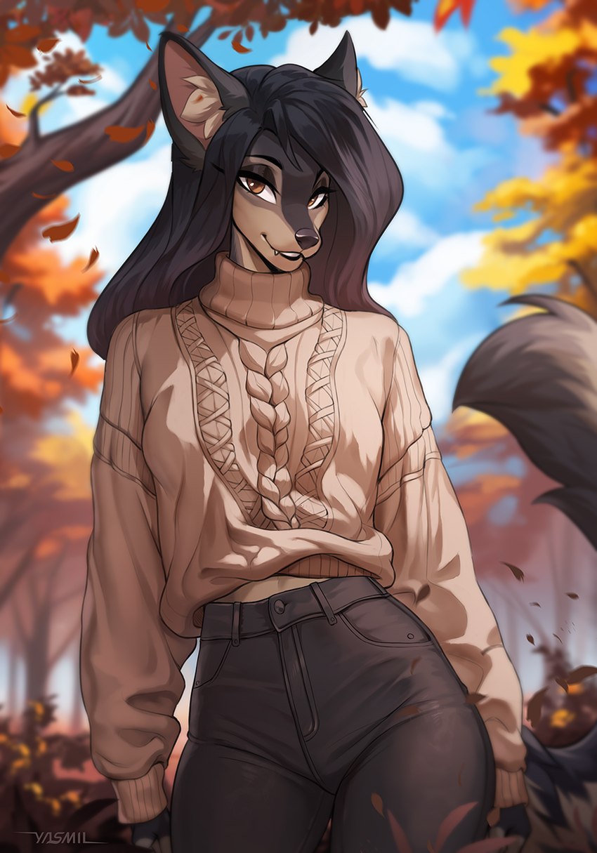 anthro autumn black_body black_fur black_hair black_nose bottomwear breasts brown_body brown_eyes brown_fur clothing eyebrows eyelashes female fur hair inner_ear_fluff long_hair looking_at_viewer outside pants plant solo sweater topwear tree tuft yasmil amela_(esperlin) canid canine canis mammal wolf 2024 hi_res