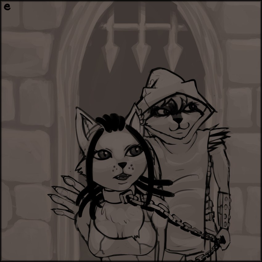 anthro armor black_border border bound breasts cat_smile chain chain_leash cleavage clothed clothing collar cute_fangs dominant dominant_male doorway duo ear_piercing ear_ring executioner facial_markings fangs female female_anthro gate hair hat head_markings headgear headwear imminent_death leash looking_aside male male/female male_dominating_female markings mask_(marking) medium_breasts natural_breasts neck_tuft outside phrygian_cap piercing prisoner ragged_clothing rags ring_piercing shirt size_difference smile smirk stone_wall submissive submissive_female tank_top teeth topwear tuft tunic vambrace wall_(structure) emikochan diego_(rjaye) emikochan_(character) domestic_cat felid feline felis mammal procyonid raccoon 1:1 digital_drawing_(artwork) digital_media_(artwork)