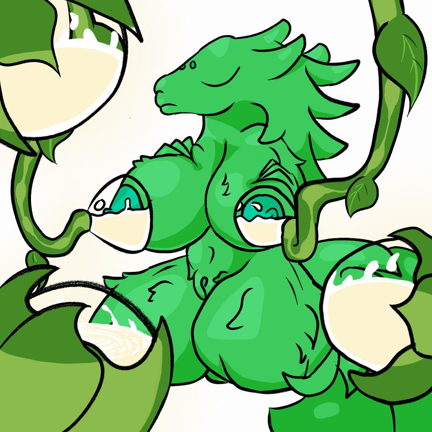 anthro areola bodily_fluids breast_grab breast_milking breasts eyes_closed female fur genitals green_body green_fur hand_on_breast kneeling lactating leaf long_snout milk milk_container milk_stream milking_tentacles nipples plant pussy simple_background snout tentacles white_background iloveslutyshortstax rain_world videocult saint_(rain_world) slugcat 1:1 hi_res