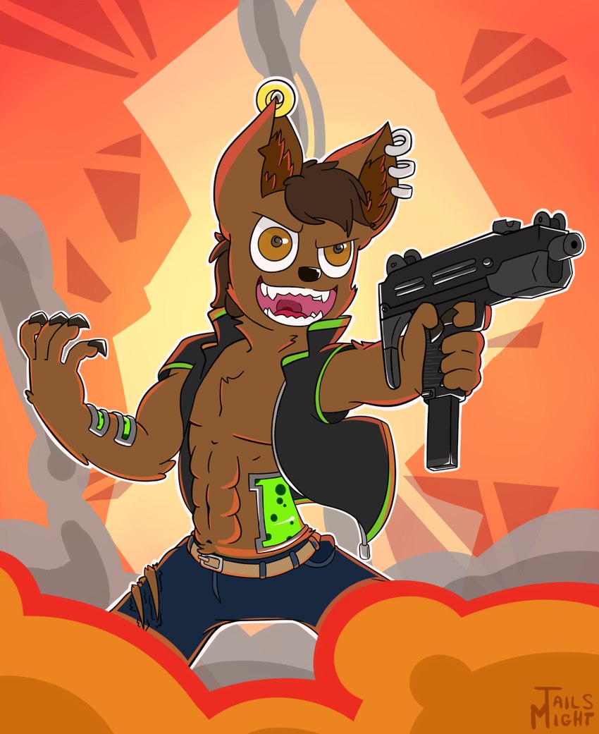 brown_body brown_eyes brown_fur claws clothed clothing ear_piercing ear_ring explosion explosives fur gun hair holding_object holding_weapon male piercing ranged_weapon ring_piercing smile solo submachine_gun technology tongue tusks uzi weapon techymight canid canine hybrid hyena mammal hi_res