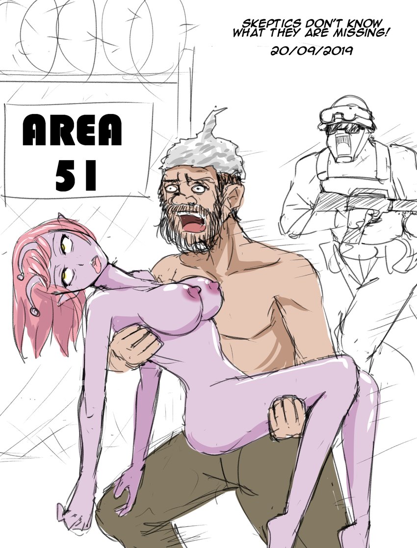 antennae_(anatomy) areola armor beard big_breasts bottomwear breasts carrying_another carrying_partner clothed clothing corpse death duo eye_roll eyewear eyewear_on_head facial_hair female female_death fence goggles goggles_on_head group gun hair headgear helmet homeless male male/female muscular muscular_male nipples not_furry nude open_mouth pants pants_only pink_body pink_hair pink_skin purple_nipples ranged_weapon running running_away screaming simple_background snuff tan_body tan_skin text thick_thighs tinfoil_hat tongue tongue_out topless weapon white_background yellow_eyes veiled616 area_51 alien human humanoid mammal digital_media_(artwork) english_text hi_res meme