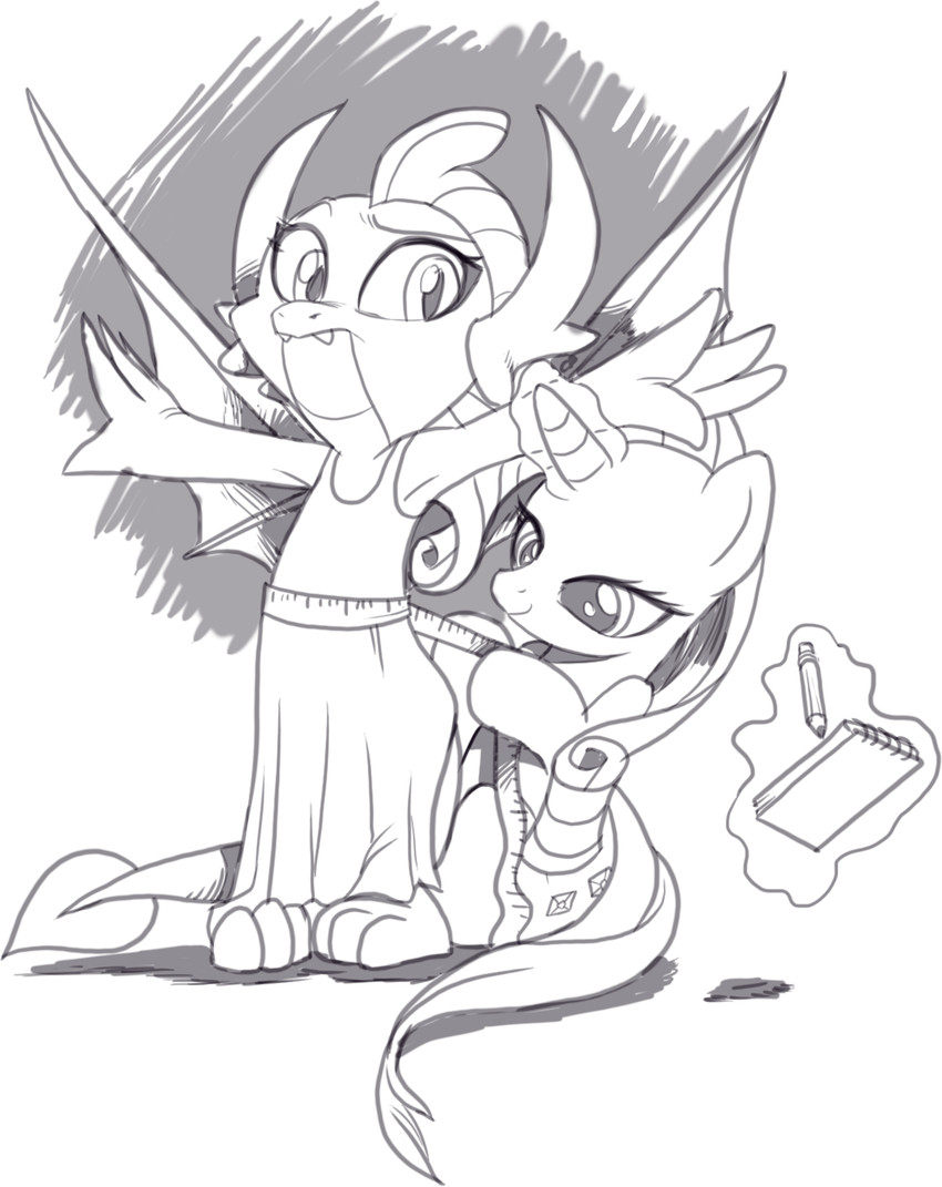 anthro clothing cutie_mark dress duo eyelashes fangs female fingers hair half-closed_eyes horn magic mane narrowed_eyes pupils ruler slit_pupils smile tail teeth wings nauyaco friendship_is_magic hasbro my_little_pony mythology rarity_(mlp) smolder_(mlp) dragon equid equine horse mammal mythological_creature mythological_equine mythological_scalie pony reptile scalie unicorn 2020 hi_res monochrome