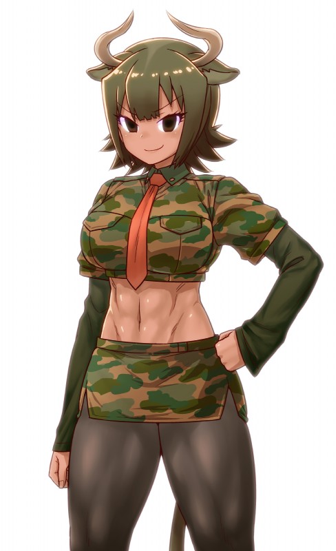 5_fingers big_breasts bottomwear breasts brown_eyes brown_hair camo camo_print clothing crop_top eyebrows eyelashes female fingers hair hand_on_hip horn legwear looking_at_viewer midriff navel necktie shirt simple_background skirt smile smirk solo tights topwear undershirt white_background itou_yuuji kemono_friends aurochs_(kemono_friends) animal_humanoid aurochs_humanoid bovid bovid_humanoid bovine bovine_humanoid humanoid mammal mammal_humanoid 2017 absurd_res hi_res