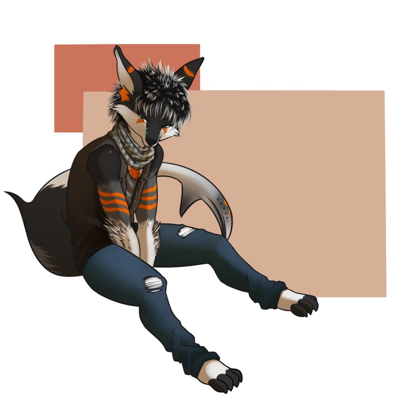 anthro black_body black_fur clothed clothing fur gills hair male piercing solo cristiice rick_marks canid canine fish fox hybrid mammal marine shark 1:1 hi_res