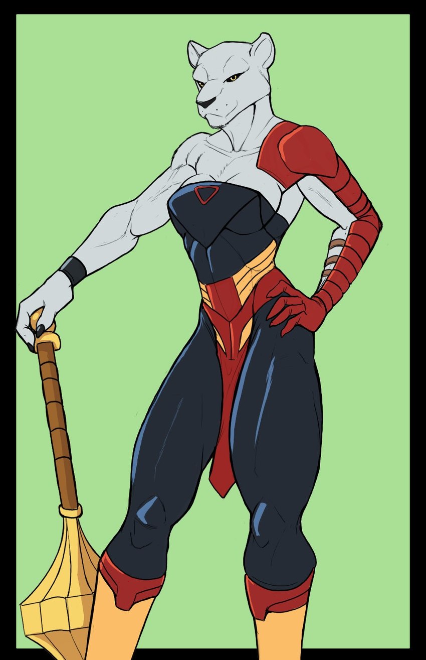 anthro armwear black_clothing black_sclera breasts clothed clothing collarbone female fur hand_on_hip holding_mace holding_object holding_weapon mace melee_weapon muscular muscular_anthro muscular_female pose red_clothing solo weapon white_body white_fur f_draws image_comics invincible_(image_comics) thokk's_daughter felid lion mammal pantherine hi_res