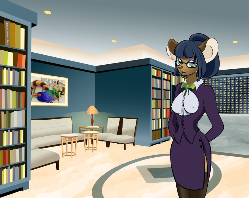 anthro blue_hair book bottomwear breasts brown_body brown_fur clothed clothing eyewear female fur glasses green_eyes hair inside library nipple_outline skirt solo chromatophore dewey_teagarden mammal mouse murid murine rodent story story_in_description