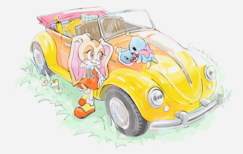 ambiguous_gender anthro clothing convertible duo female flower footwear gloves grass handwear long_ears motor_vehicle open_mouth open_smile plant smile vehicle 1vethebus sega sonic_the_hedgehog_(series) volkswagen_beetle cheese_the_chao cream_the_rabbit chao_(sonic) lagomorph mammal hi_res