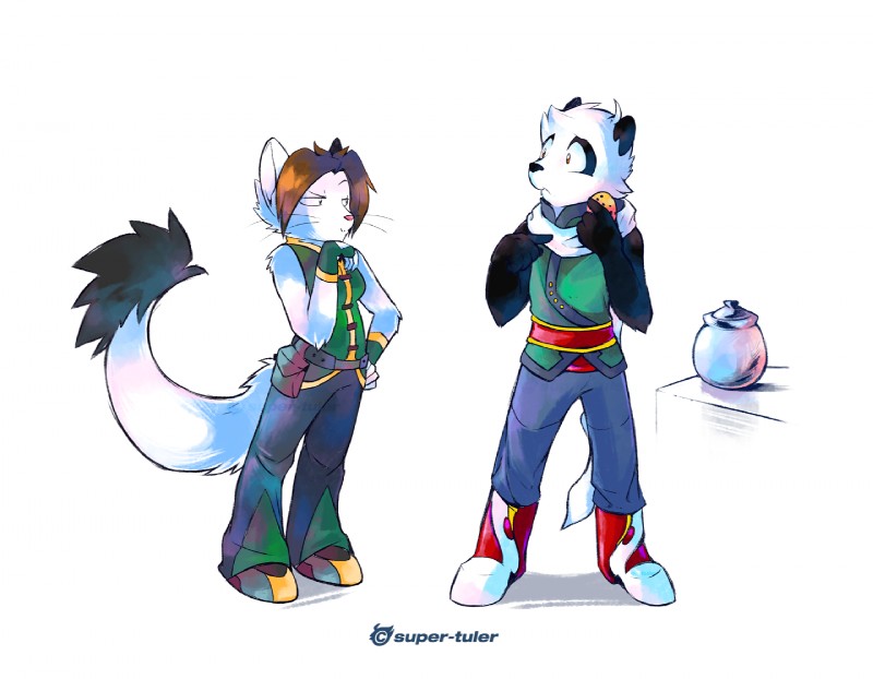 anthro breasts caught_in_the_act container cookie cookie_jar duo eyebrows female food gesture hand_gesture jar male pointing pointing_at_self raised_eyebrow scarf simple_background small_breasts tail whiskers white_background super-tuler tairu bear giant_panda mammal