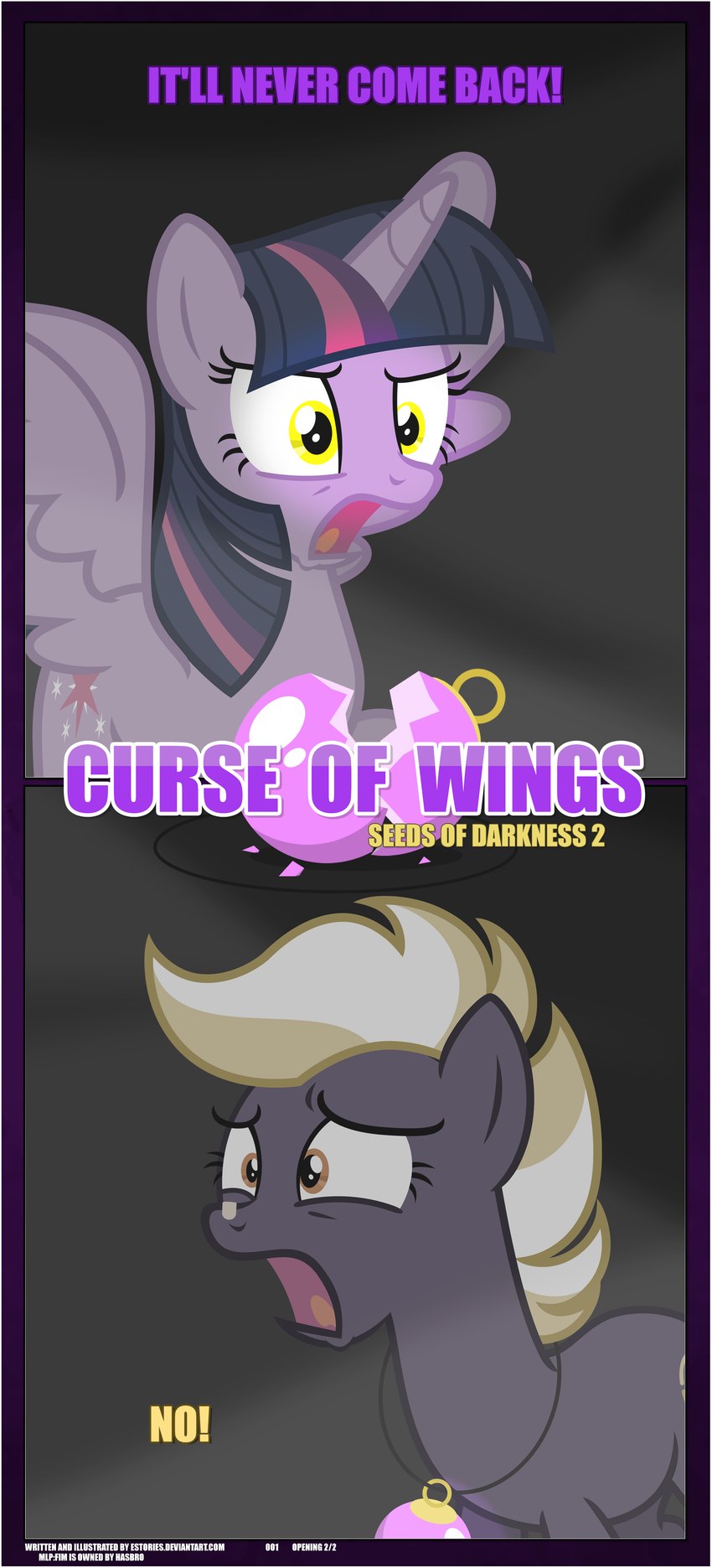 band-aid band-aid_on_face bandage bandage_on_face bangs black_background black_border border cutie_mark dialogue dismayed duo ears_up female feral grey_background horn jewelry necklace open_mouth orb simple_background spread_wings text wings yellow_eyes estories friendship_is_magic hasbro my_little_pony mythology twilight_sparkle_(mlp) wildheart_(estories) earth_pony equid equine horse mammal mythological_creature mythological_equine pony winged_unicorn broken absurd_res english_text hi_res