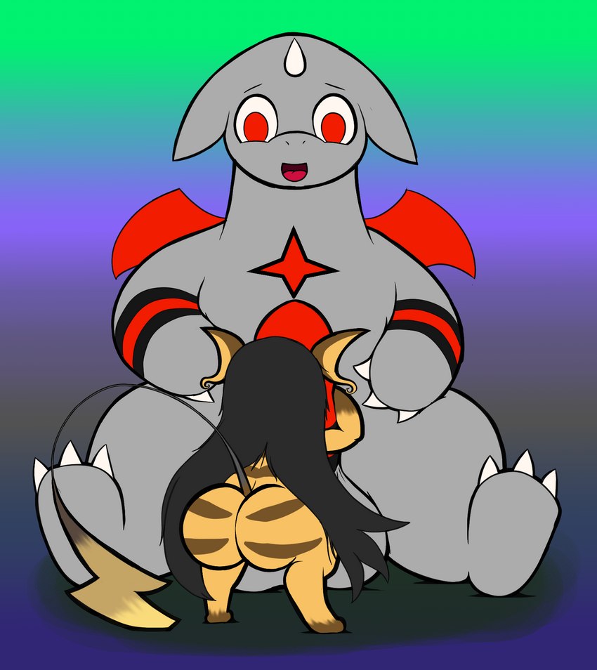 ambiguous_gender balls big_balls big_butt big_penis biped black_hair butt duo erection feral genitals gradient_background hair huge_butt hyper larger_male long_hair male markings penis penis_grab simple_background sitting size_difference spread_legs spreading striped_markings stripes tkongingi nintendo pokemon elania_gray rutherford_(tkongingi) dragonite generation_1_pokemon pokemon_(species) raichu hi_res