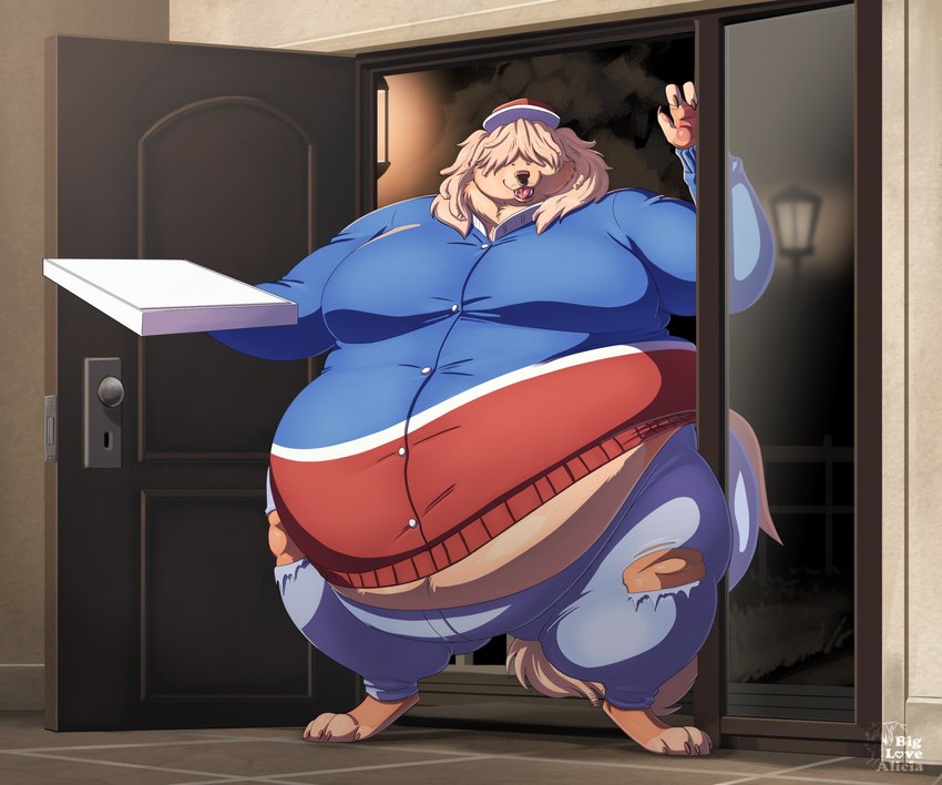 anthro big_moobs claws clothed clothing container detailed_background digitigrade fully_clothed hair male moobs obese obese_male overweight overweight_male pizza_box solo thick_thighs wave wide_hips biglovealicia canid canine canis domestic_dog mammal 2024 cel_shading hi_res shaded signature soft_shading