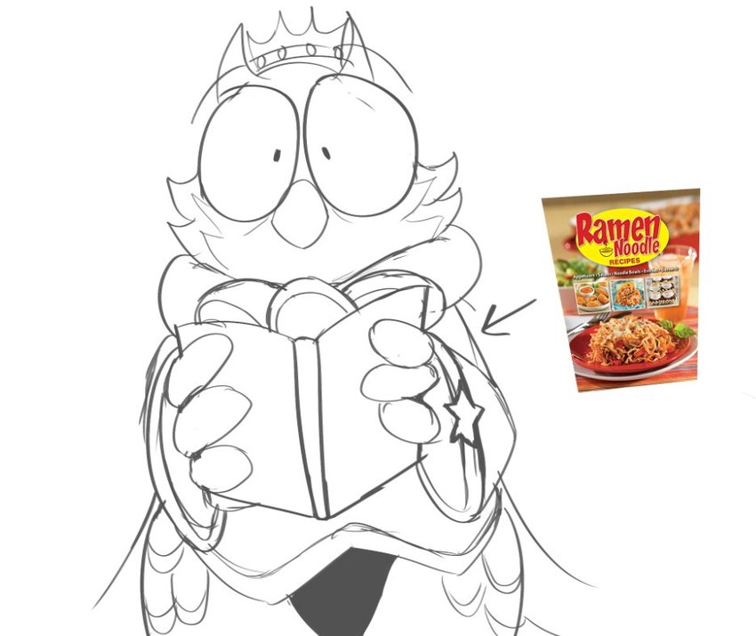 anthro beak book clothed clothing cookbook crown eyewear glasses headgear holding_book holding_object humor male nerd nervous reading robe solo thong underwear astralkettei kings_of_hell stolas_(kings_of_hell) avian bird owl sketch