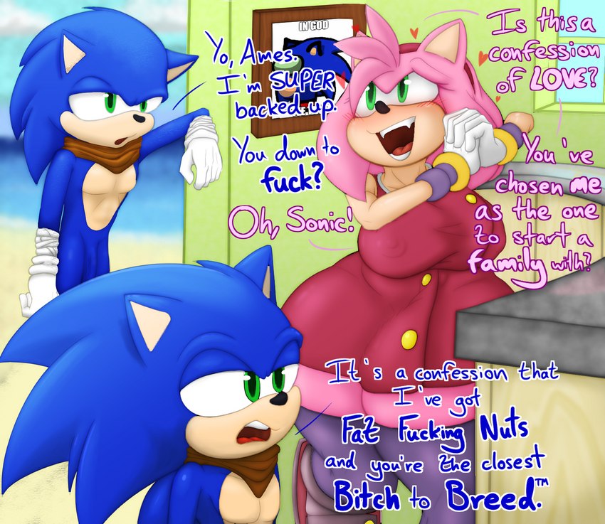 blush breasts clothed clothing duo erect_nipples female flaccid genitals male nipple_outline nipples penis profanity text sir_cums_a_lot sega sonic_boom sonic_the_hedgehog_(series) amy_rose sonic_the_hedgehog eulipotyphlan hedgehog mammal english_text hi_res