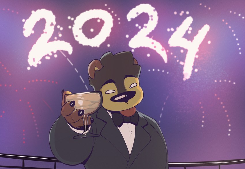 anthro biped bow_tie claws clothed clothing container cup drinking_glass fireworks glass glass_container glass_cup hair looking_at_viewer male night outside short_hair solo suit toasting peculiart leonardo_dicaprio_toasting new_year_2024 the_great_gatsby p.bear bear mammal sun_bear ursine 2024 digital_media_(artwork) hi_res