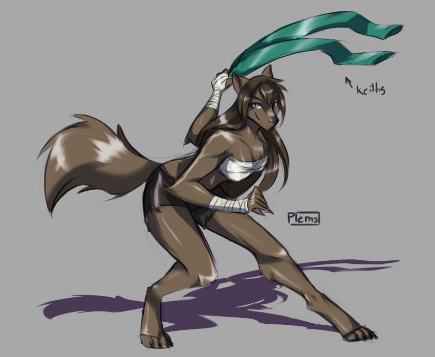 anthro bottomwear brown_body brown_fur chest_wraps clothed clothing female fur grey_background heterochromia holding_clothing holding_object looking_at_viewer pants shorts simple_background smile solo wraps wrist_wraps purplelemons twokinds natani canid canine canis mammal wolf 2020 digital_media_(artwork) shaded