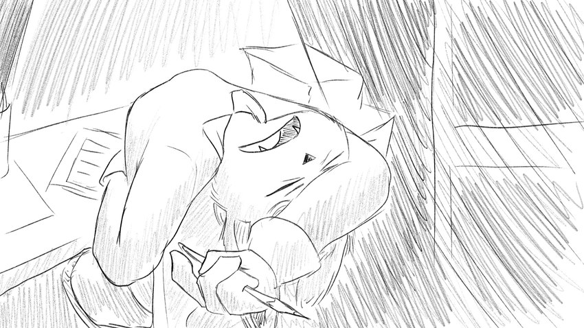 4_fingers anthro clothed clothing eyes_closed female fingers frustrated holding_object holding_pencil leaning leaning_backward paper pencil pencil_(object) sitting solo dragonweirdo animal_crossing nintendo isabelle_(animal_crossing) canid canine canis domestic_dog mammal shih_tzu toy_dog 16:9 greyscale hi_res monochrome story story_in_description widescreen