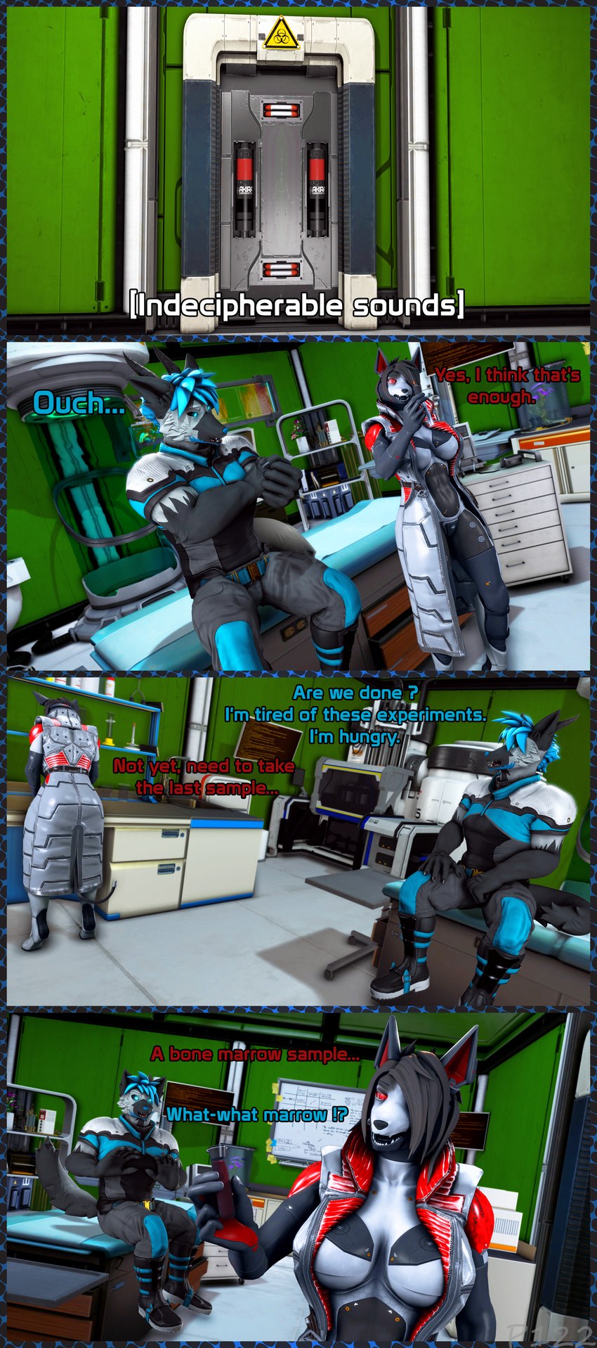 5_fingers anthro black_nose blue_body blue_eyes blue_fur blue_hair blue_nose boots bottomwear clothed clothed_anthro clothed_female clothed_male clothing coat costume cybernetics dialogue duo female fingers footwear fur furniture grey_body grey_fur grey_hair hair horn humanoid_hands humor inside jacakl laboratory laboratory_equipment machine male medical_instrument multicolored_body multicolored_fur pants red_eyes scientific_instrument shirt shoes table tail text topwear white_body white_fur xpasha122x petruz_(copyright) amelia_(petruz) android canid canine canis cyborg fox hybrid jackal mammal robot wolf 2024 3d_(artwork) absurd_res comic digital_media_(artwork) english_text hi_res huge_filesize source_filmmaker_(artwork)