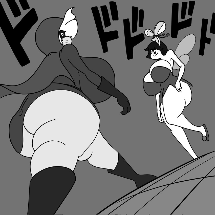 anthro big_breasts big_butt breasts butt clothing costume duo female huge_breasts huge_butt wings kuge jojo's_bizarre_adventure paila_(kuge) piku_(kuge) caviid guinea_pig lagomorph leporid mammal rabbit rodent 1:1 hi_res meme monochrome