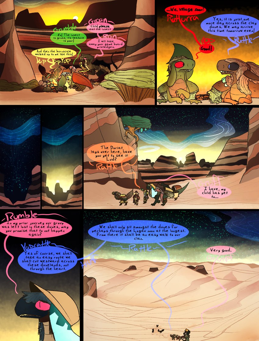 ambiguous_gender desert dialogue dunes fantasy feral language_barrier morning pregnant sunrise sunset tail text thepatchedragon dragonscape mythology garat_(thepatchedragon) golomya_(thepatchedragon) joao_(thepatchedragon) kern_(thepatchedragon) lud_(thepatchedragon) omel_(thepatchedragon) ura_(thepatchedragon) dinosaur dragon drekir dromaeosaurid mythological_creature mythological_scalie ormer prehistoric_species reptile scalie theropod comic english_text hi_res