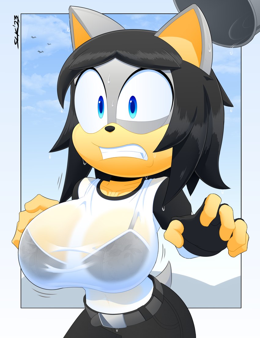 anthro bottomwear breasts clothing female fingerless_gloves fur gloves grey_body grey_fur handwear pants shirt solo topwear wet wet_clothing wet_shirt wet_topwear slickehedge sega sonic_the_hedgehog_(series) fan_character makia eulipotyphlan hedgehog mammal absurd_res hi_res