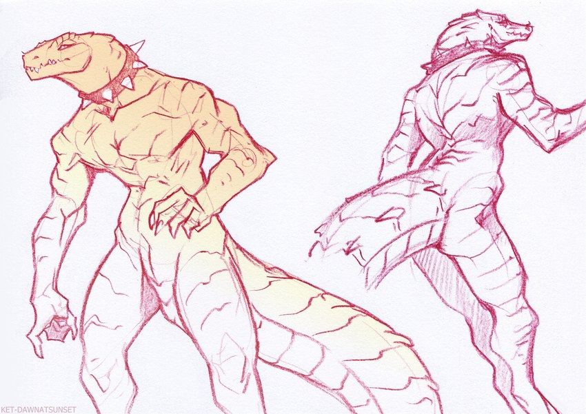 anthro biped collar collar_only male male_anthro nude presenting prowling scales solo spiked_collar spikes tail ket-dawnatsunset shakran alligator alligatorid crocodile crocodilian reptile scalie 2024 hi_res