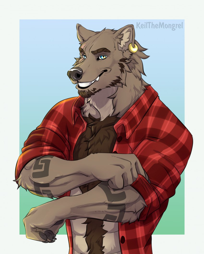 anthro bare_chest clothing ear_piercing ear_ring looking_at_viewer male pattern_clothing piercing plaid plaid_clothing ring_piercing simple_background smile solo tattoo keilthemongrel nick_grant canid canine canis domestic_dog mammal half-length_portrait hi_res portrait