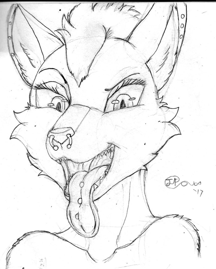 anthro barbell_piercing bodily_fluids circular_barbell_piercing ear_piercing facial_piercing fangs female fur hair half-closed_eyes inner_ear_fluff narrowed_eyes nose_piercing nose_ring open_mouth piercing ring_piercing saliva saliva_string septum_circular_barbell septum_piercing solo teeth tongue tongue_out tongue_piercing tuft jimfoxx bubblegum_(jimfoxx) canid canine fox mammal 2017 bust_portrait hi_res monochrome portrait signature