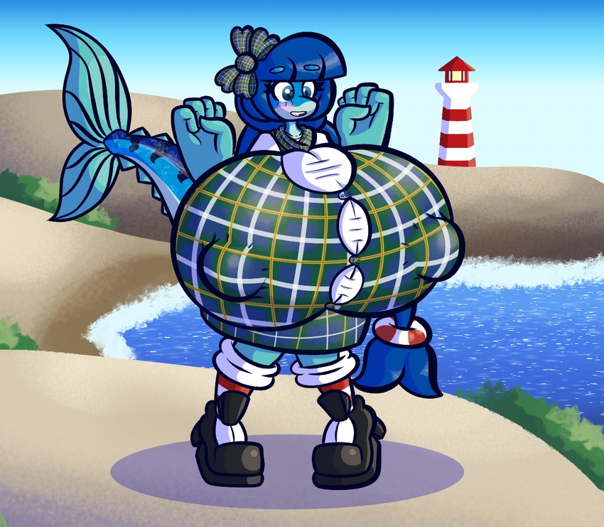 anthro bangs big_breasts blue_body blue_eyes blue_hair bottomwear bow_ribbon breasts bulging_breasts clothing dress erect_nipples female fin fish_tail footwear hair huge_breasts hyper hyper_breasts lighthouse nipple_outline nipples non-mammal_breasts pattern_clothing pattern_topwear plaid plaid_clothing plaid_topwear ponytail scarf sea shoes skirt solo tartan_bottomwear topwear vest water sprucy mackenzie_(sprucy) fish mackerel marine scombrid scombriform