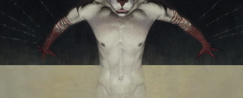 anthro barbed_wire blood blood_drip blood_drop blood_on_hand bodily_fluids dripping male nipples nude solo string teeth bra1neater domestic_cat felid feline felis mammal 2023 digital_media_(artwork) half-length_portrait hi_res portrait